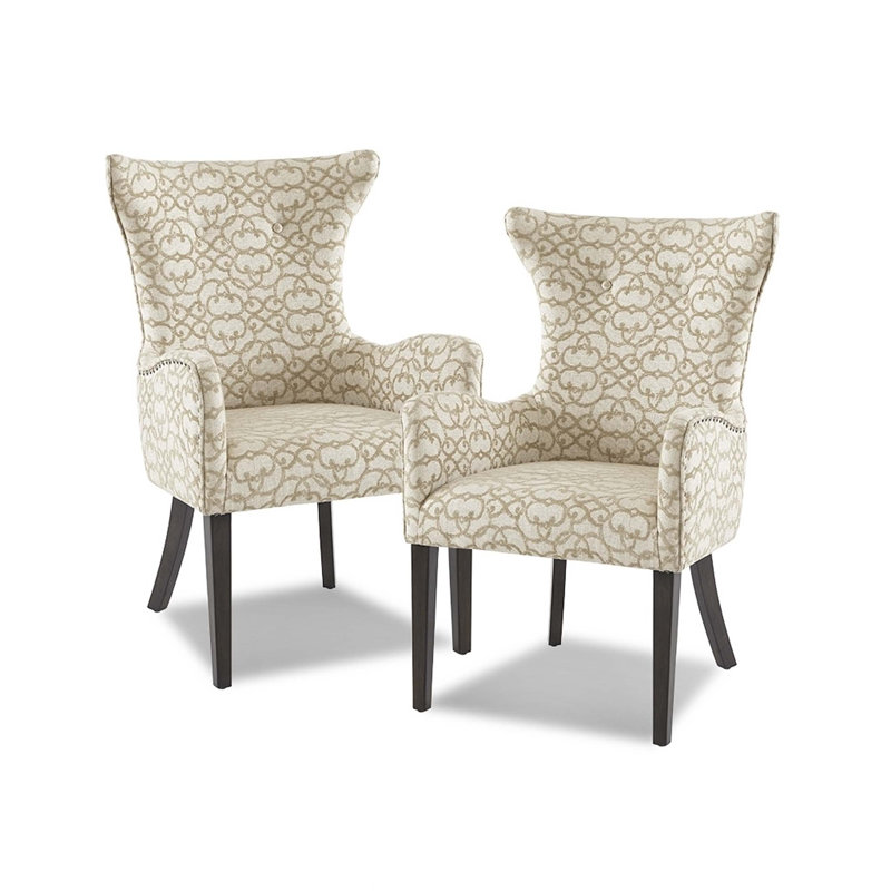 Tan Linen Upholstered Arm Chairs with Wood Legs, Set of 2