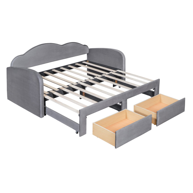 Twin Size Upholstered Daybed With Cloud-Shaped Backrest, Trundle   2 Drawers And USB Ports, Pink, Gris