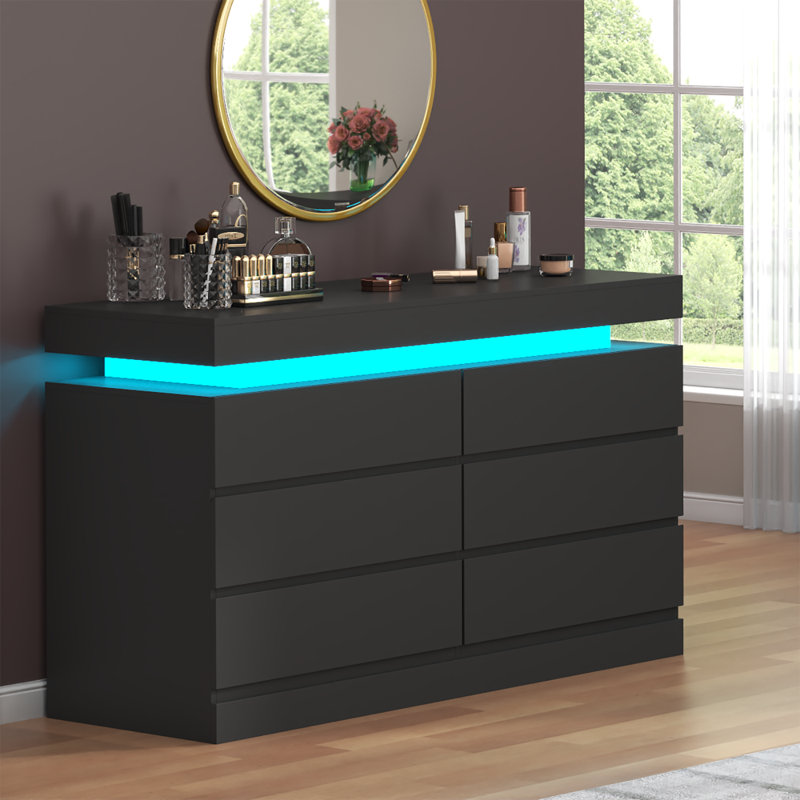 Commode 6 tiroirs pour chambre à coucher avec prise de courant et lumières DEL