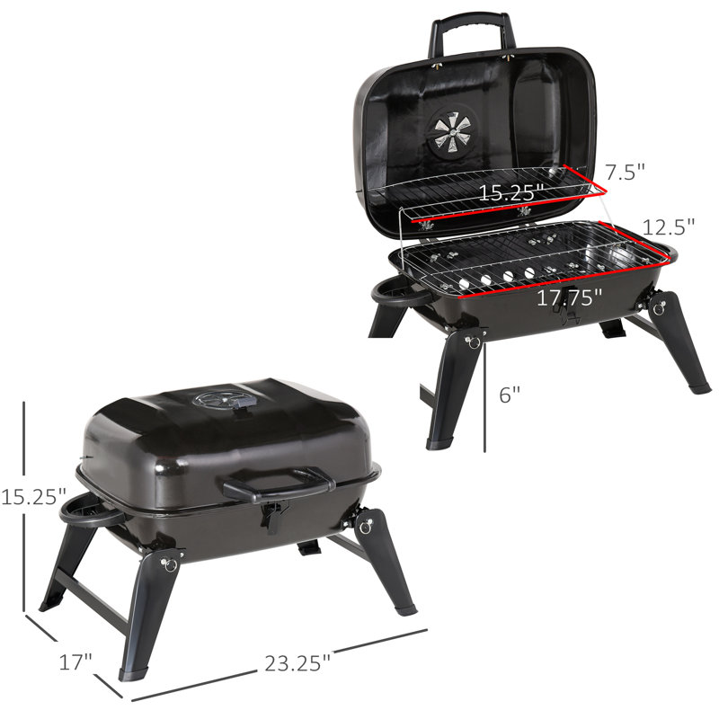 Barbecue au charbon portatif de 14 po Outsunny, petit barbecue extérieur de table avec filet de conservation de la chaleur, système de ventilation, pieds pliables, barbecue de format voyage parfait pour le camping, la cour arrière, les hayons, noir