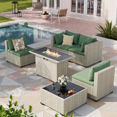 5 Pieces Design-Oriented Rattan Patio Conversation Sets With Fire Pit