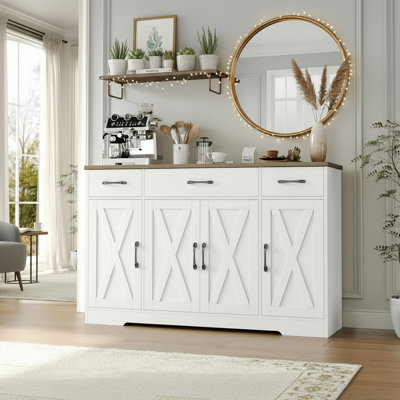 55.13-Inch Modern Farmhouse Style Sideboard With Drawers, Shelves, And Cabinet Doors, White/Country Style, Kitchen, Dining Room, Coffee Bar