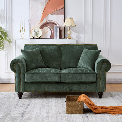 63" Modern 2-Seater Sofa with Rolled Arms,Chenille Upholstered Couch with Wood Legs and Nailhead Trim for Living Room, Apartment