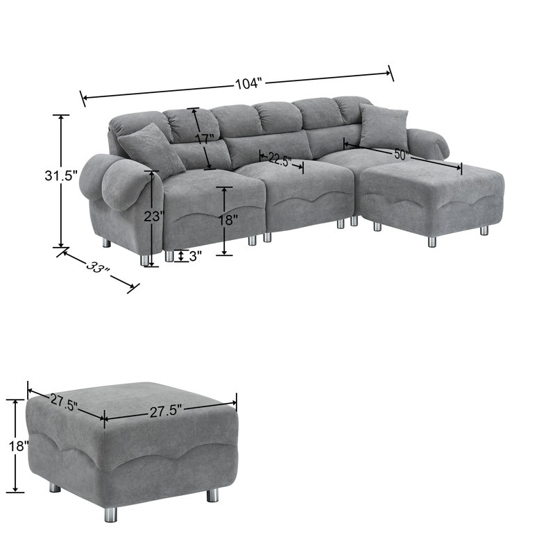 Agirta Velvet L-Shaped Sectional Reversible, Gray Cloud Velvet, 39.8" H x 104" W x 50" D