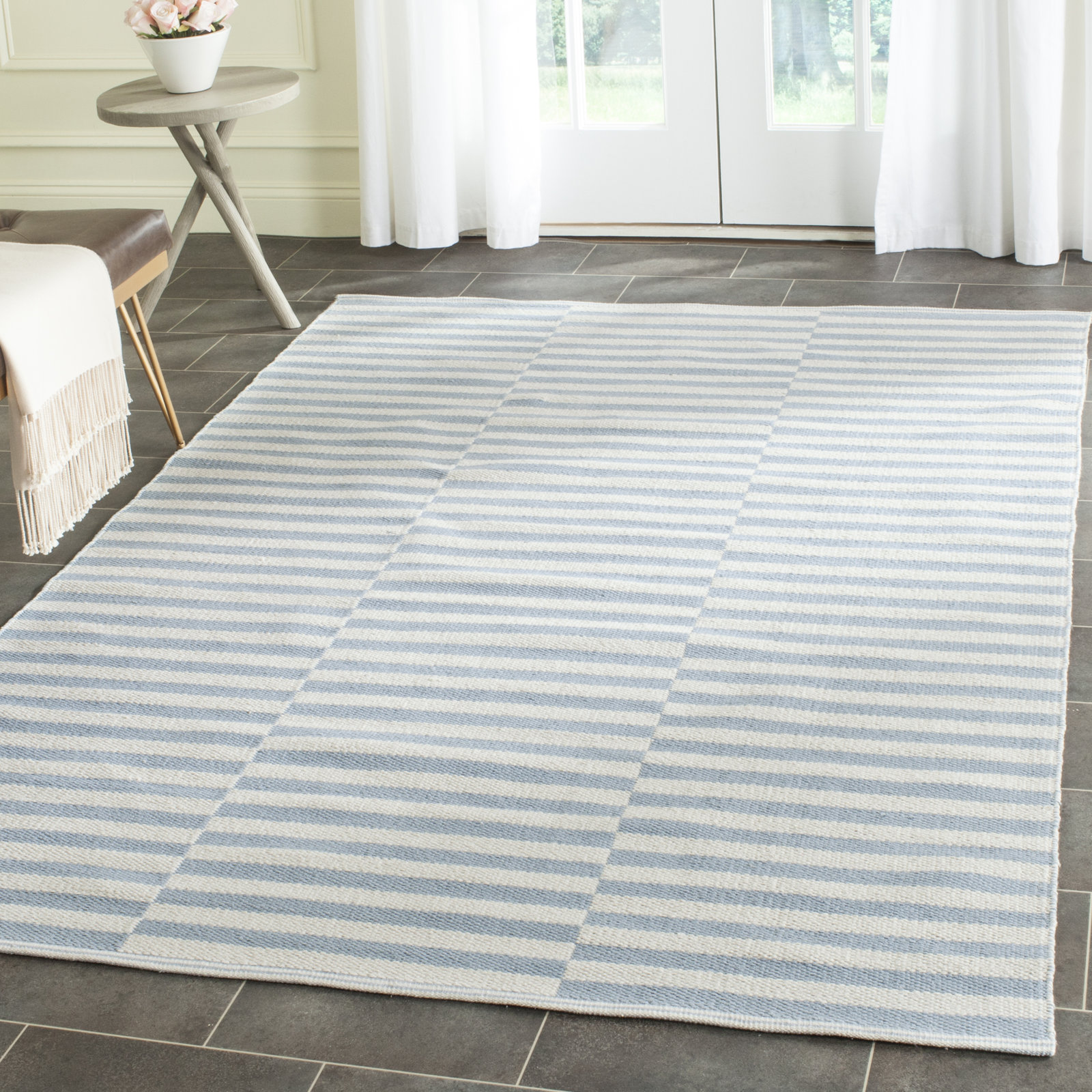 Ilona Ivory Light Blue Striped Cotton Rug, Rectangle 6' x 9'