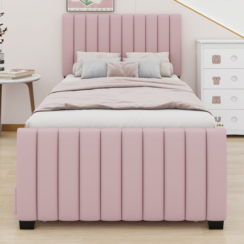 Lit plateforme tapissier avec lit gigogne, Rose