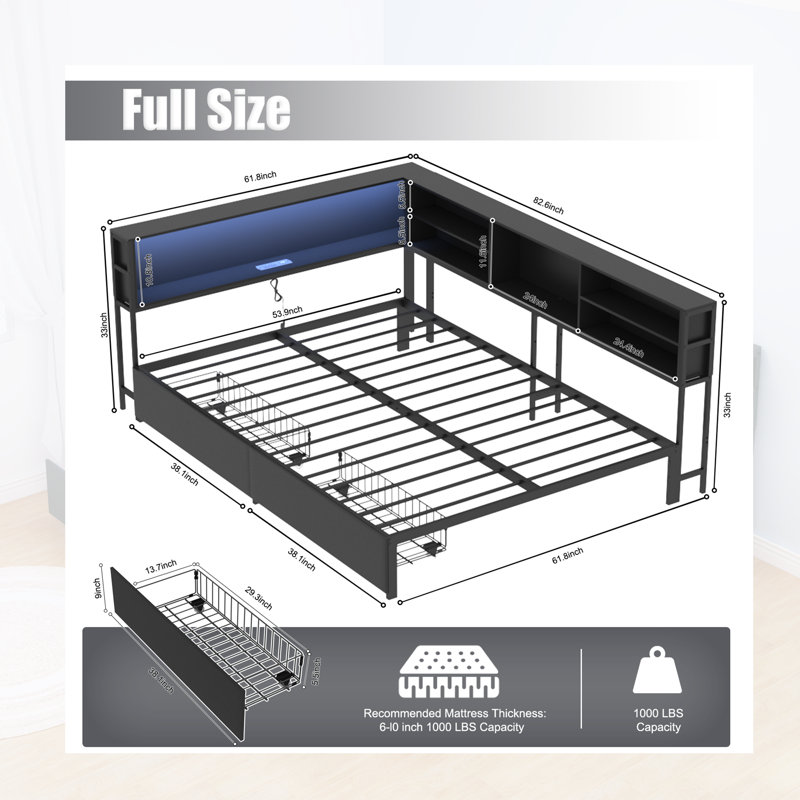  Full Size Metal Corner Daybed with LED Lights and Charging Station - 82" Wide Frame with Bookcase Headboard - Black, Black