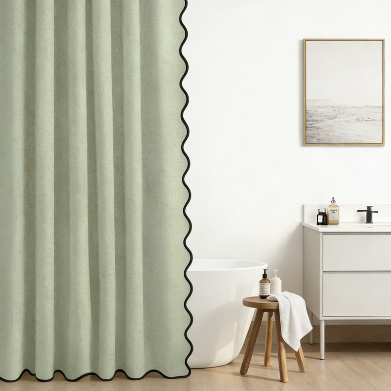 Rideau de douche en lin avec bord festonné, décor de salle de bain moderne bohème, tissu texturé doux pour un style élégant et douillet