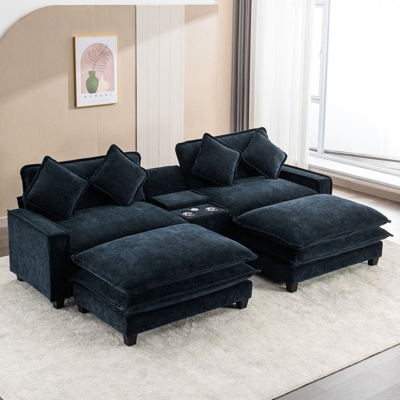 111" American Design Sectional , Blue, Double Cushion, Two Ports, Cup Holders, And Storage Space For Home