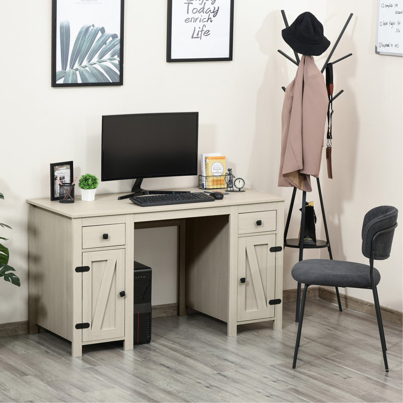 Bureau d'ordinateur de ferme avec rangement, bureau à domicile avec 2 tiroirs et 2 armoires, blanc crème