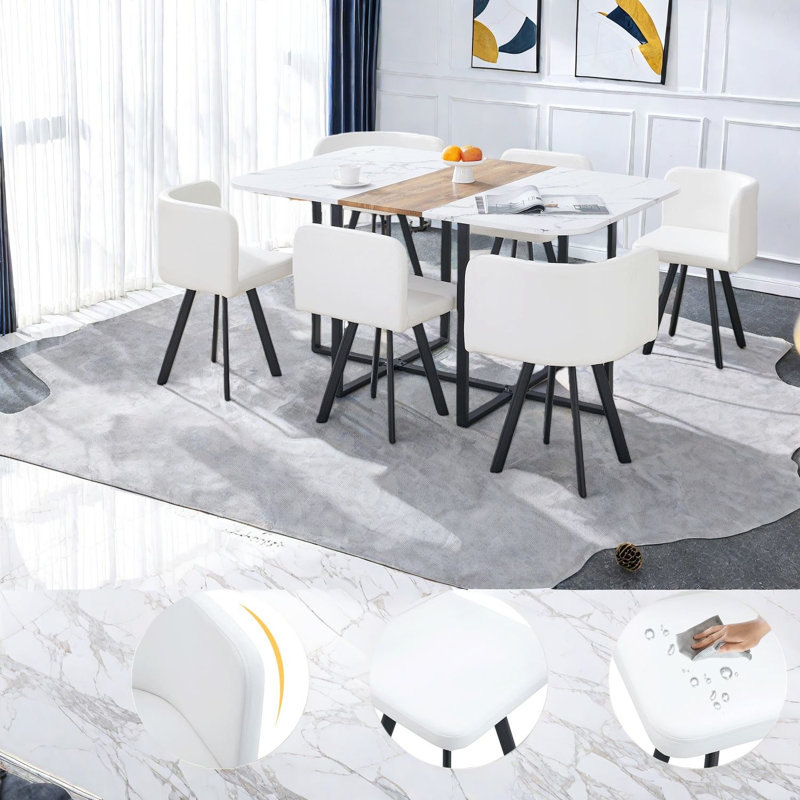 Ensemble de table de salle à manger moderne blanc, matériau PU, look élégant, idéal pour recevoir
