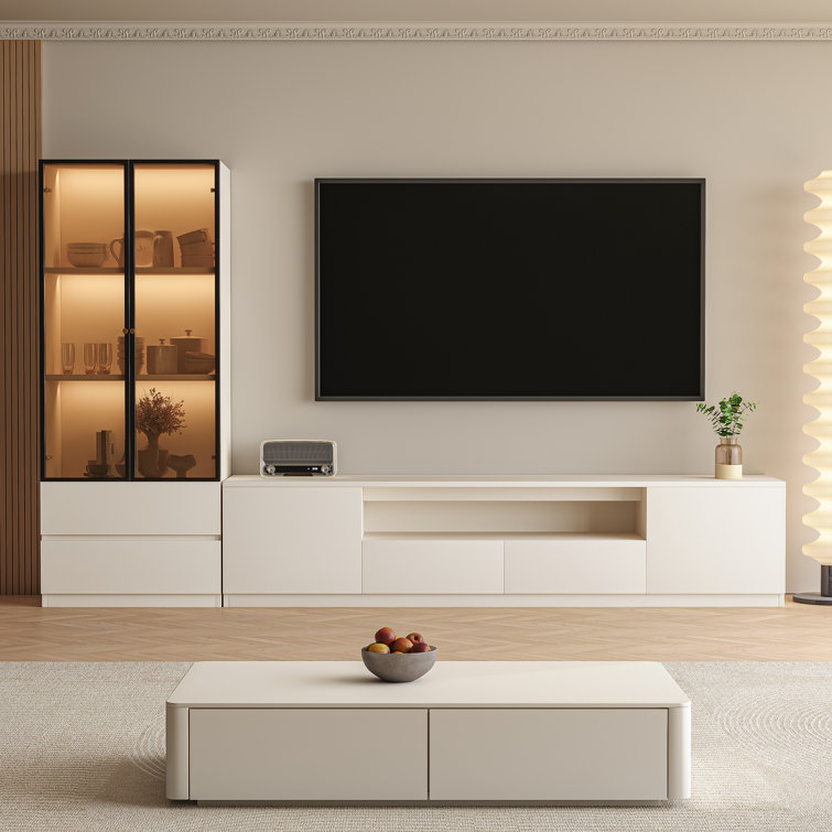 102'' White Modern 2 Pieces Living Room Set Entertainment Center Includes TV Stands, Glass Display China Cabinet With Wireless LED Light Storage Cabinets and Drawers For TVs up to 75''
