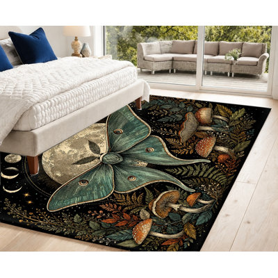 Tapis lavable à la machine à motif de papillons de nuit et de lune mystiques, avec envers antidérapant, motif vintage de champignons botaniques, décoration intérieure confortable pour salon, chambre, dortoir, appartement