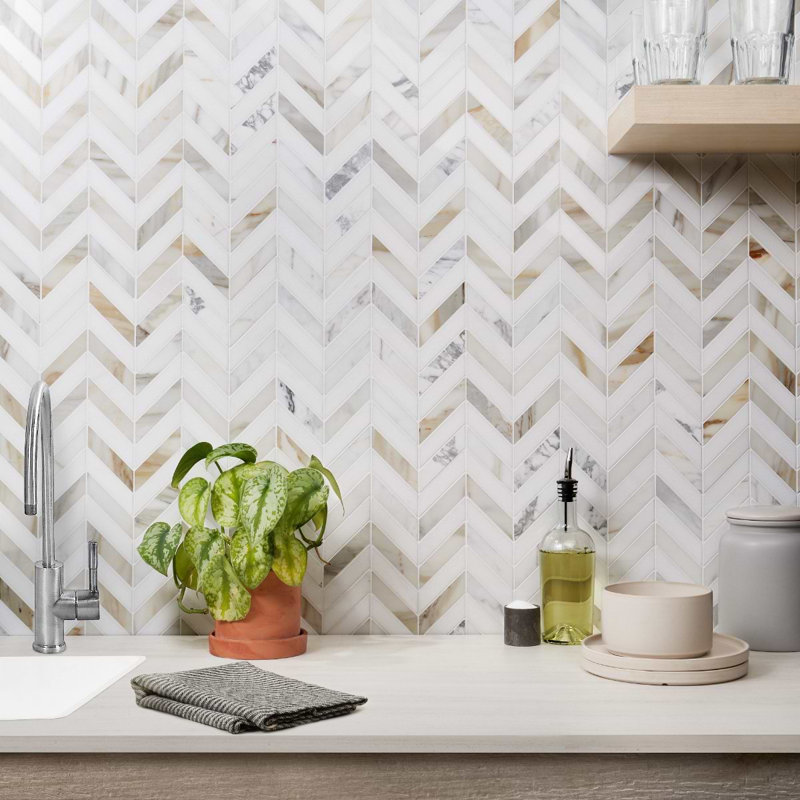Talon 1x4 Chevron Polished Marble Mosaic Tile, Calacatta/Thassos