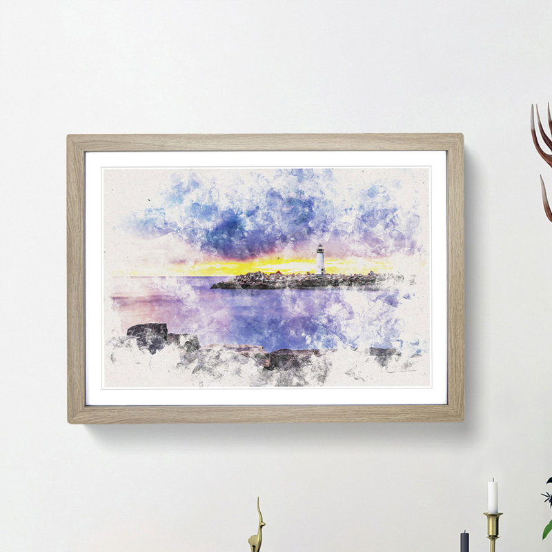 Remote Lighthouse and Seascape - Picture Frame Painting Print, 45cm H x 63cm W x 2cm D, Oak Framed