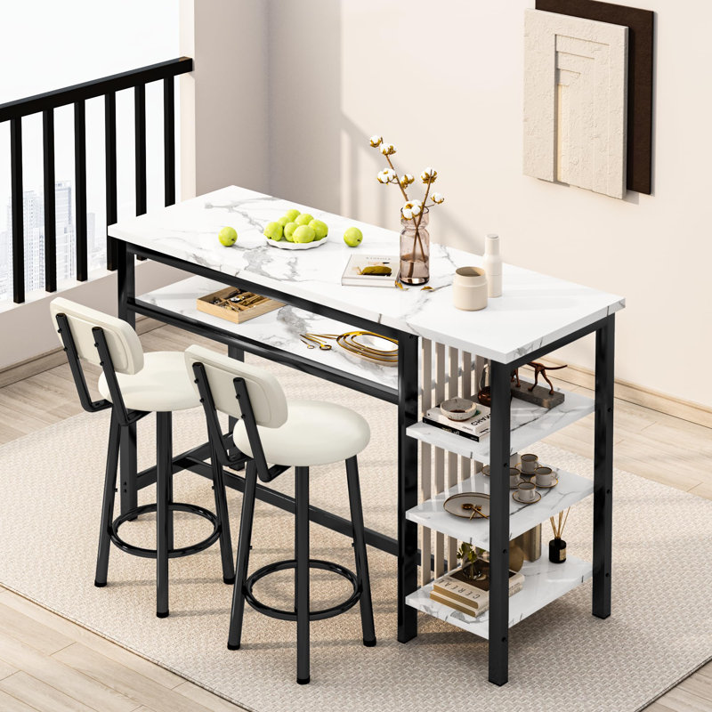Modern 3-Piece Bar Table Set with PU Cushion Stools & 3-Tier Storage, Black/White