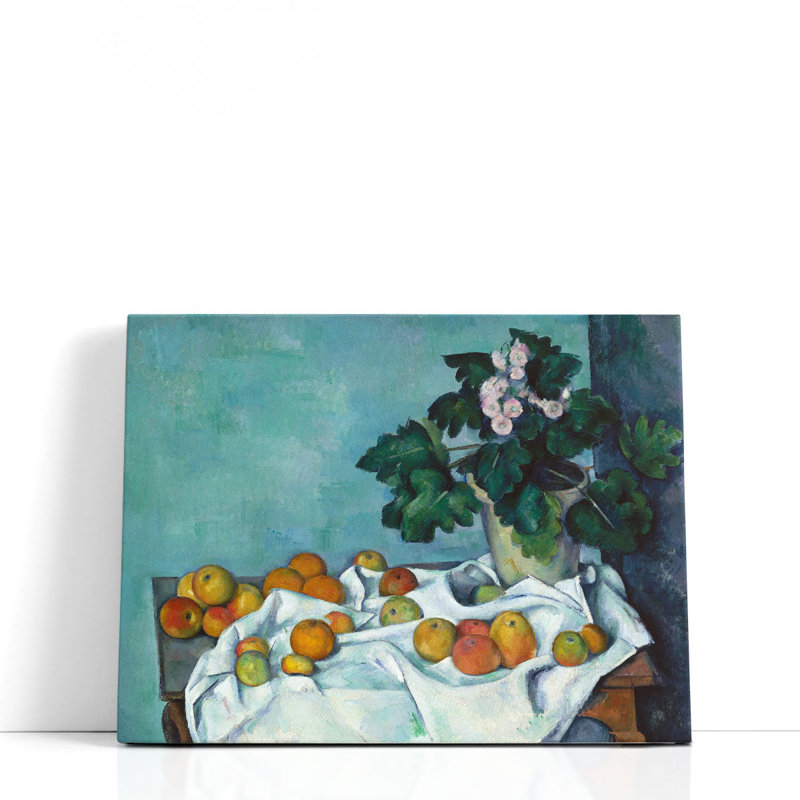 Nature morte avec des pommes et un pot de primevères - reproduction d'art sur toile, H 16 po x l 20 po