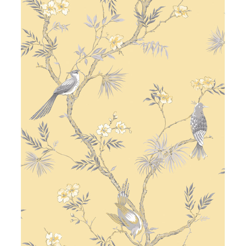 Secret Garden Garden Bird Trail Design 33' L x 21"  W Wallpaper Roll, Yellow/Gray