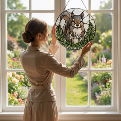 12"H Squirrel Fern Stained Glass Window Panel