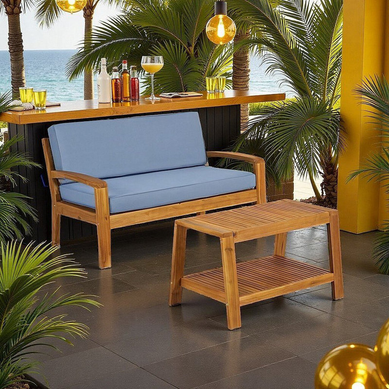 Ensemble de causeuse et table basse d'extérieur en bois d'acacia transitionnel | Ensemble de conversation de patio durable avec une élégance résistante aux intempéries