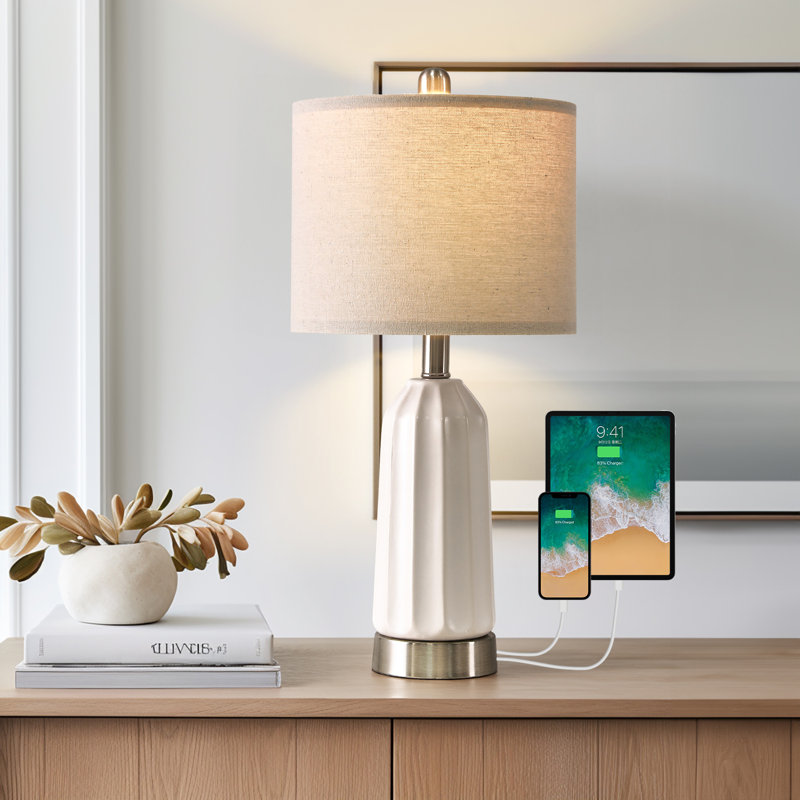 20"white Ceramic Lamp With Charging Port Suitable For Living Room,bedroom,desk,office