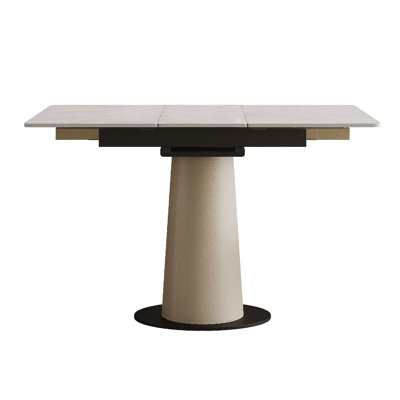 Retractable Rock Slab Folding Dining Table, Modern Square Expandable Table With Leather-Wrapped Stainless Steel Base, Dual-Purpose Space Saving Kitchen Table For Small Apartments