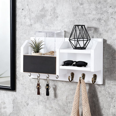 Wall Mount Key Holder With Mail Organizer And 7 Metal Hooks, Natural Paulownia Wood Entryway Storage Shelf With Blackboard For Home And Office