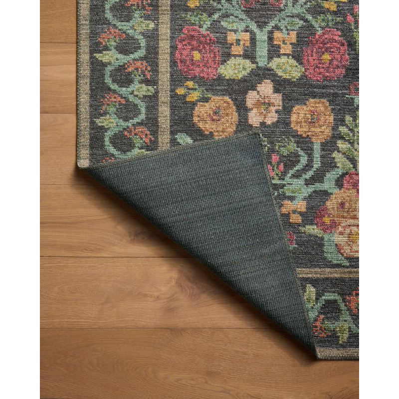Black Floral Synthetic 5' x 7' Area Rug