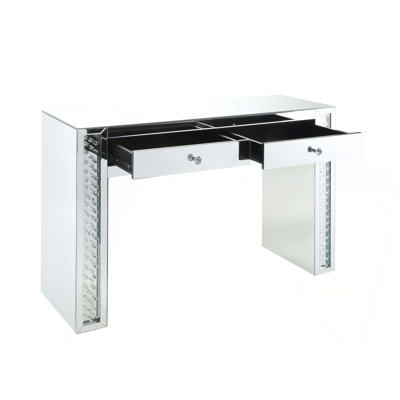 Coiffeuse à finition miroir et incrustation de faux cristal, coiffeuse moderne avec plateau en verre et 2 tiroirs pour la chambre à coucher