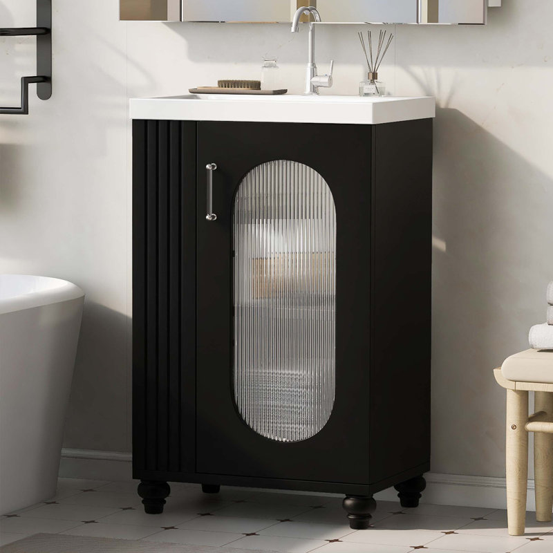 Meuble-lavabo de 20 po avec lavabo, meuble-lavabo avec tablette à deux niveaux, tablette réglable, bois massif et panneau de fibres à densité moyenne