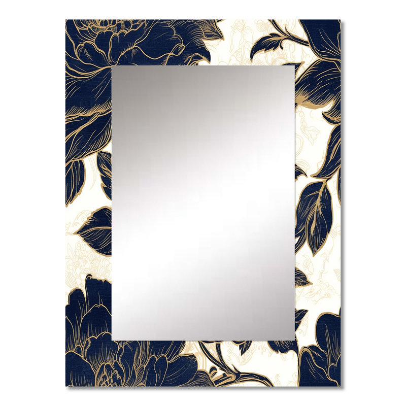 Blue Gold Peonies Symphony III - Peonies Decorative Mirror, Modern Wall Mirror, Printed Metal Art, 32" x 24"