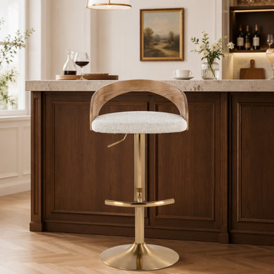 Tabouret de bar réglable avec pivot en métal doré, bois blanchi et tissu avoine avec repose-pieds arrondi en T - ensemble de 3