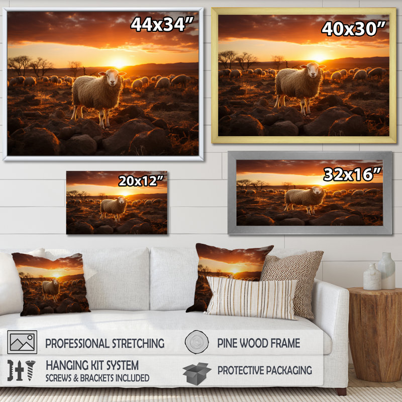 Silhouette de mouton au lever du soleil sur toile, Cadre flottant noir, H 24 po x l 32 po x P 1 po