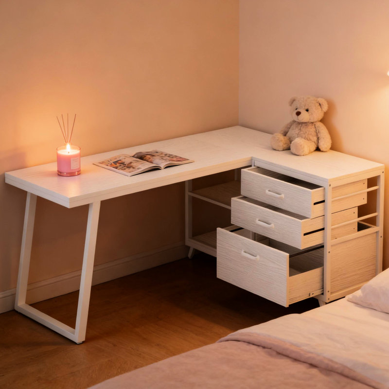 Bureau de jeu en forme de L blanc pour créer un espace confortable 2 petits tiroirs, 1 grand tiroir, des tablettes ouvertes, une construction, un dessin facile à assembler avec un grand espace de rangement et une conception de travail spacieuse, un tiroir
