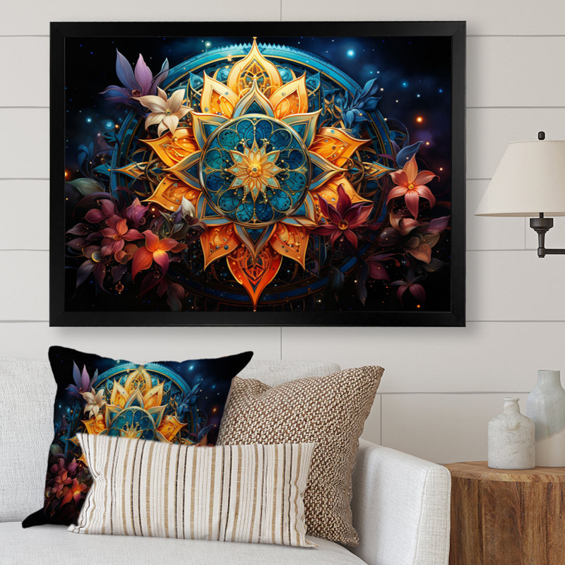 «Teal Orange Buddhist Art Mandala Harmony», reproduction d'art sur toile, Cadre simple noir, H 34 po x l 44 po x P 1,5 po