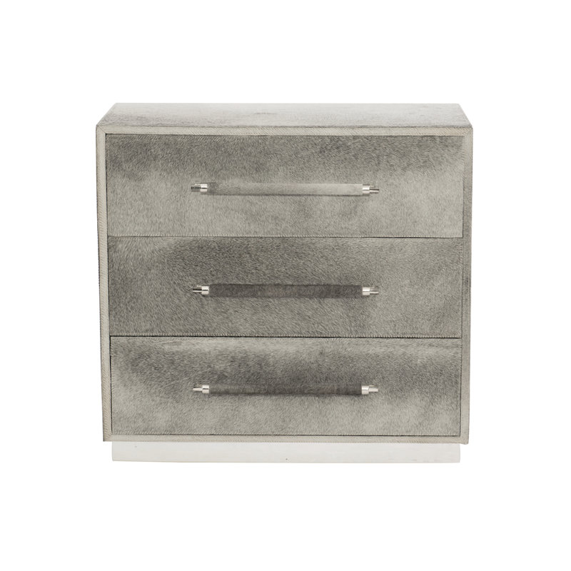Beige Hair on Hide 3-Drawer Nightstand with Acrylic Pulls