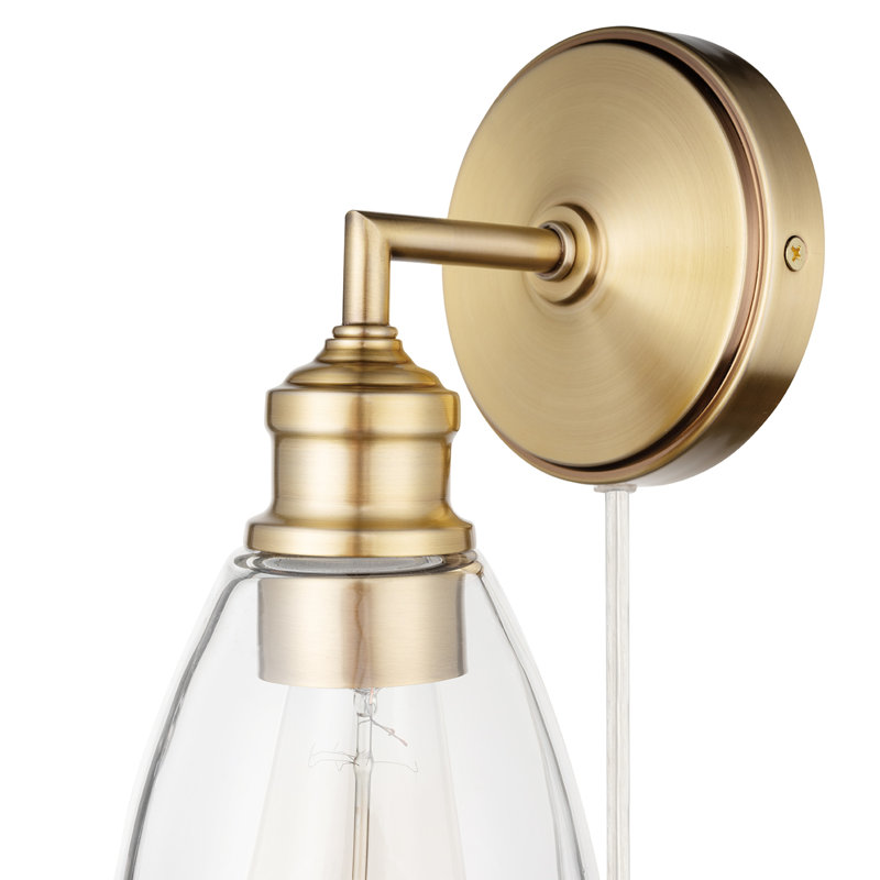 Applique murale 1 lumière en laiton mat à brancher ou câblée avec abat-jour en verre transparent Thoreson, ampoule incluse