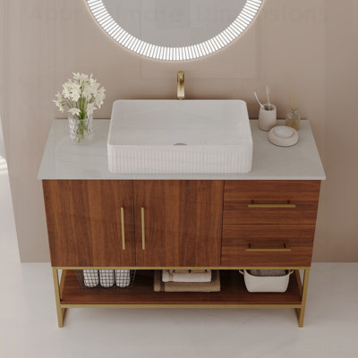 Meuble-lavabo moderne avec lavabo vasque en céramique, armoire autoportante dorée