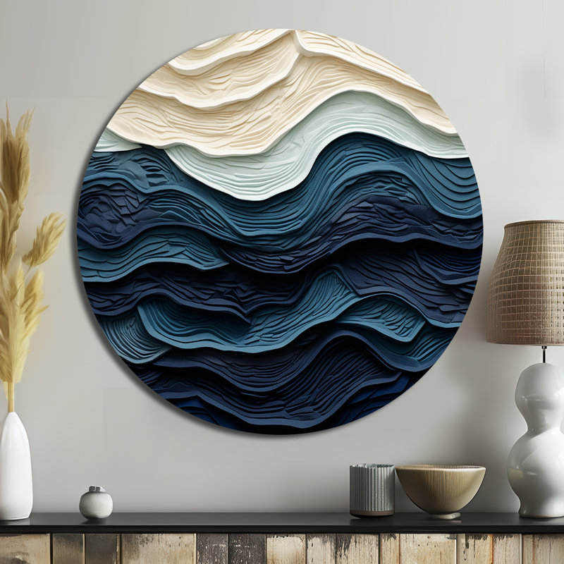 Bord de vague bleu et blanc - Bord de mer, art en métal rond, H 36 po x l 36 po
