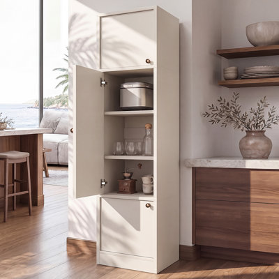 Armoire de cuisine autoportante OMCMUU de 180 cm de hauteur, 40 cm L x 40 cm P x 180 cm H, placard de rangement étroit avec 3 portes et étagères intérieures réglables, idéale pour ranger les aliments dans la cuisine ou la salle à manger, finis blanc et noyer, trousse anti-basculement incluse