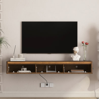 Étagère flottante pour téléviseur avec lumières DEL, support ultrabrillant de couleur bois pour le salon. 3 ports de charge standard et 2 ports. Au-dessus de l'armoire à bande tactile à DEL tactile. Consoles de jeu spacieuses,