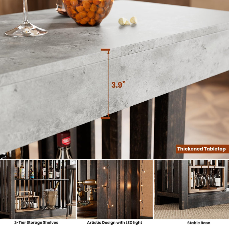 Industrial 63-Inch Bar Height Table with 2-Tier Storage Shelves – Modern Counter Table for Dining Areas, Bistros, or Living Room – Sturdy Frame, Large Storage – Color: Cement Gray Top + Black Oak
