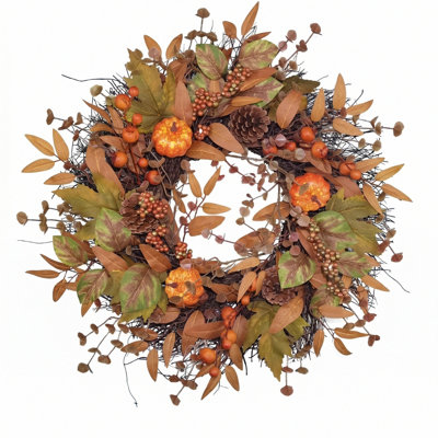 Couronnes d'automne de 15,7 pouces pour couronnes d'automne avec citrouilles d'automne avec feuilles d'eucalyptus orange et baies pour les célébrations de l'Action de grâce intérieure et extérieure