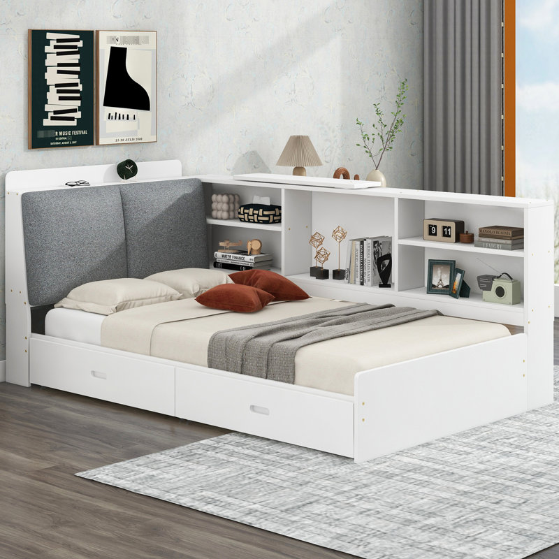 Lit plateforme simple en bois avec tête de lit tapissier, 2 tiroirs, tablettes, rangement blanc pour le rangement Brilliance