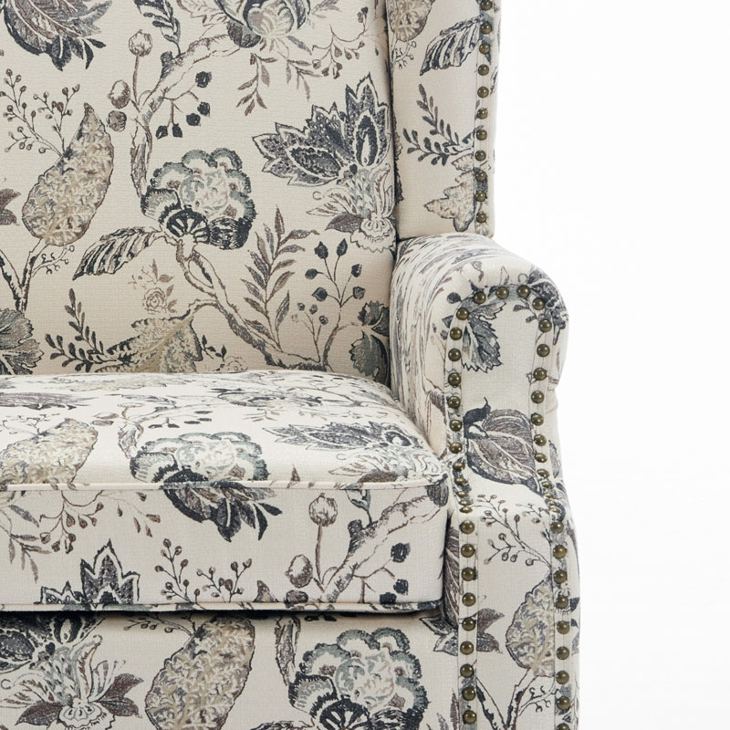 Duward Plants Beige Floral Upholstered Wingback Accent Chair with Nailhead Trim, Plants Beige 