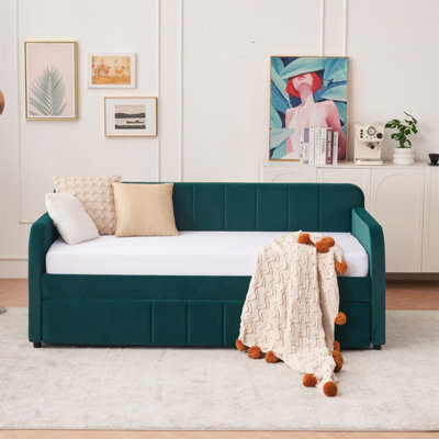 Structure de lit de jour simple rembourrée avec lit gigogne, support en lattes de bois, idéale pour les chambres à coucher et les chambres d'amis, alliant confort et style
