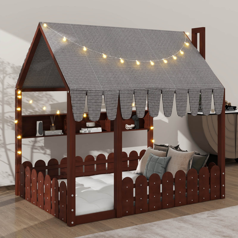 Lit pour enfants de style Montessori, avec barrière de sécurité, auvent, éclairage et trois compartiments de rangement, Full