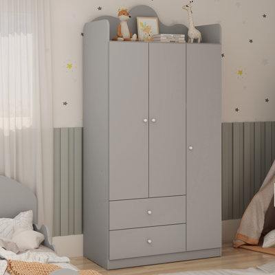 Cloud-Themed Tall Wardrobe Closet in Gray Finish – Engineered Wood Storage Cabinet with Hanging Rod, Shelves and Drawers – UV-Painted Surface – Modern Storage Solution – 18.3”D x 36.1”W x 73.8”H