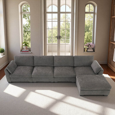 130" Modular Sectional Sofa, L-Shape With Folding Table And Dual-Port Charging, Side Storage Pockets, 2 Armrest Pillows, Free Movement Ottoman, High Density Foam