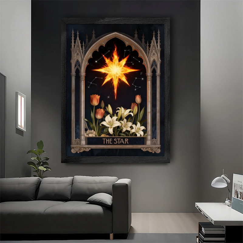 Art mural noir encadré noir Tarot The Star - Mystical Boho Spiritual Decor, H 37 po x l 25 po